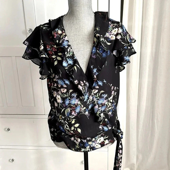 PARKER Floral Short Sleeve Ruffle Wrap Blouse, Size M - Picture 1 of 14
